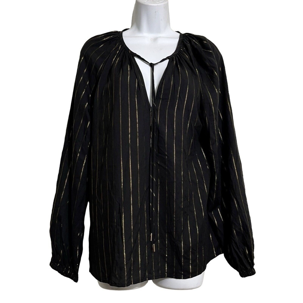 ANNA CATE Audrey Top Women’s Black Gold Striped Tie-neck Long Sleeve Blouse M